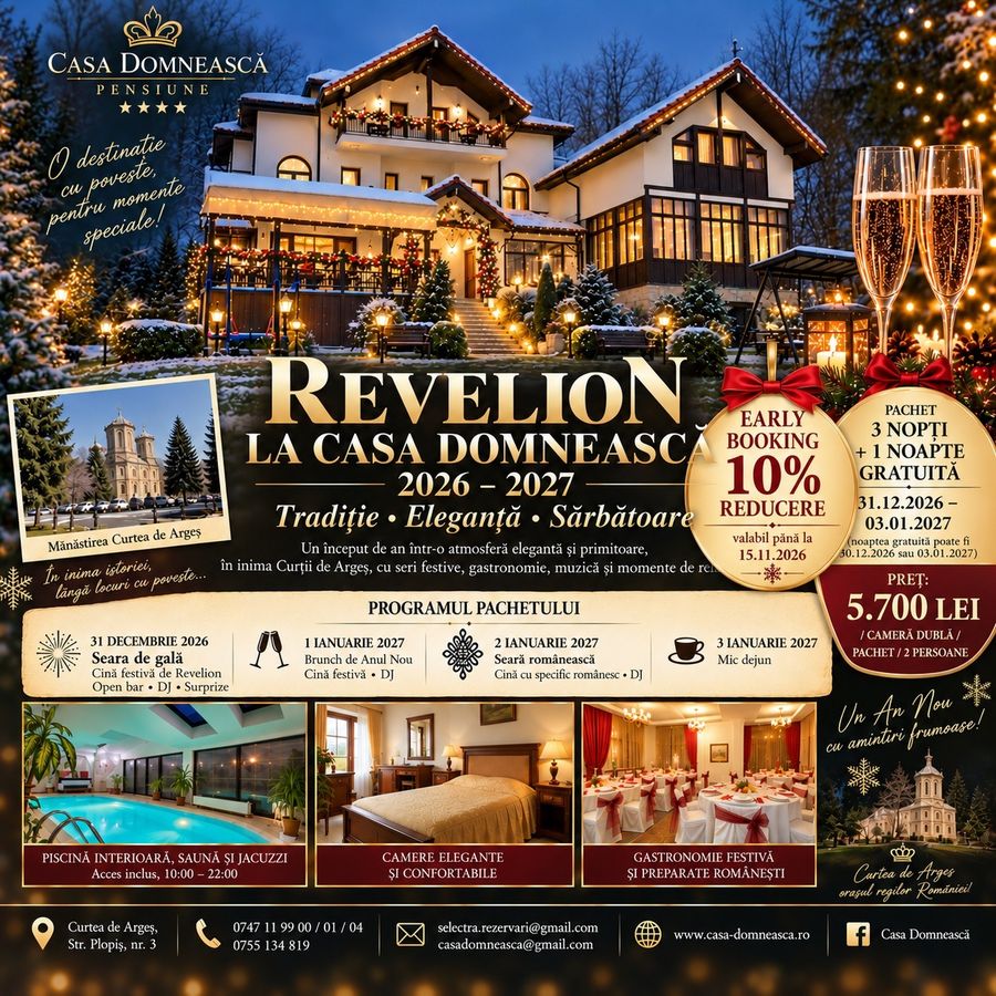 Revelion 2026 – 2027 la Casa Domnească: pachet 3 nopți + 1 noapte gratuită, 31.12.2026 – 03.01.2027, early booking 10% până la 15.11.2026